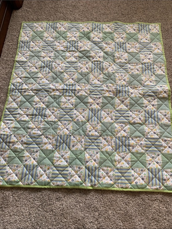 Handmade Other - Green Patchwork Baby Quilt - Soft Floral & Stripe Nursery Quilt